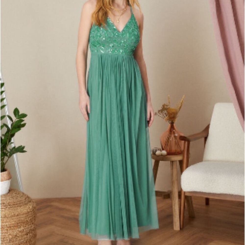 Monsoon Amy Halter Dress Sequin Beaded Turquoise Dress Size 8